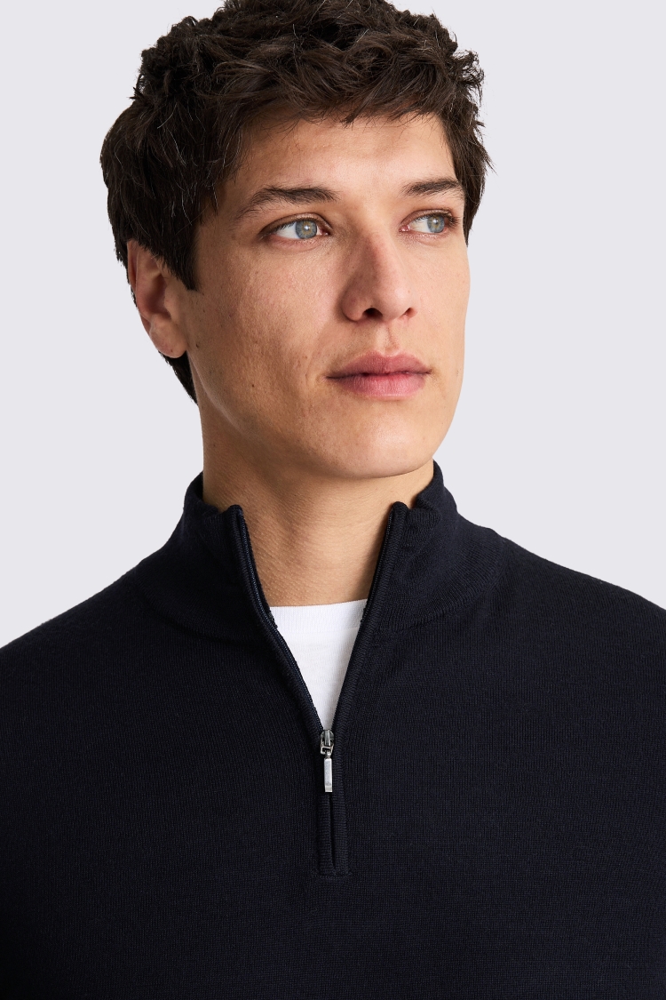 Navy Merino-Blend Zip-Neck Jumper